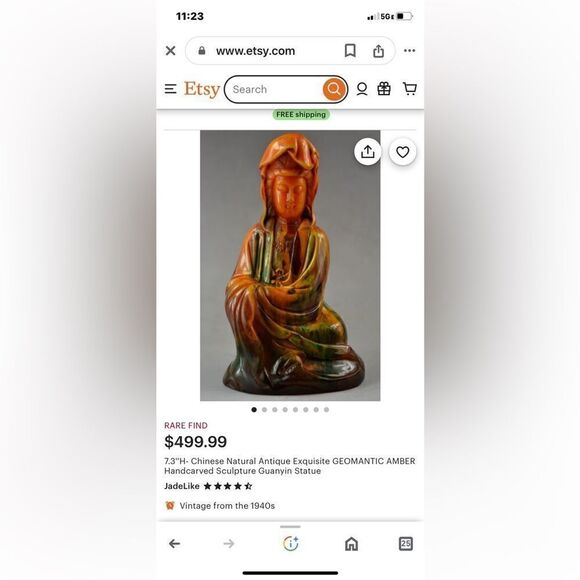 Geomantic  Amber handcrafted antique statue Guanyan from Nashan - Picture 10 of 10